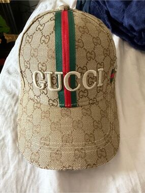 “Gucci” esque  Tan Monogram Baseball Cap with Green & Red Stripe
